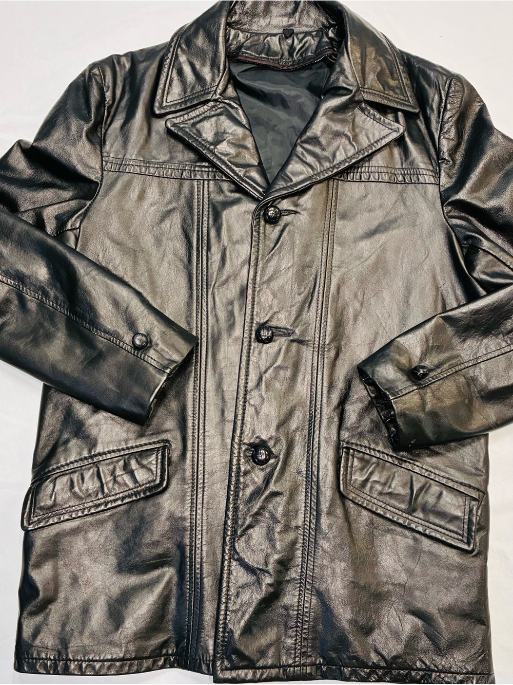 Men's Black Faux Leather Single-Breasted Trench Coat